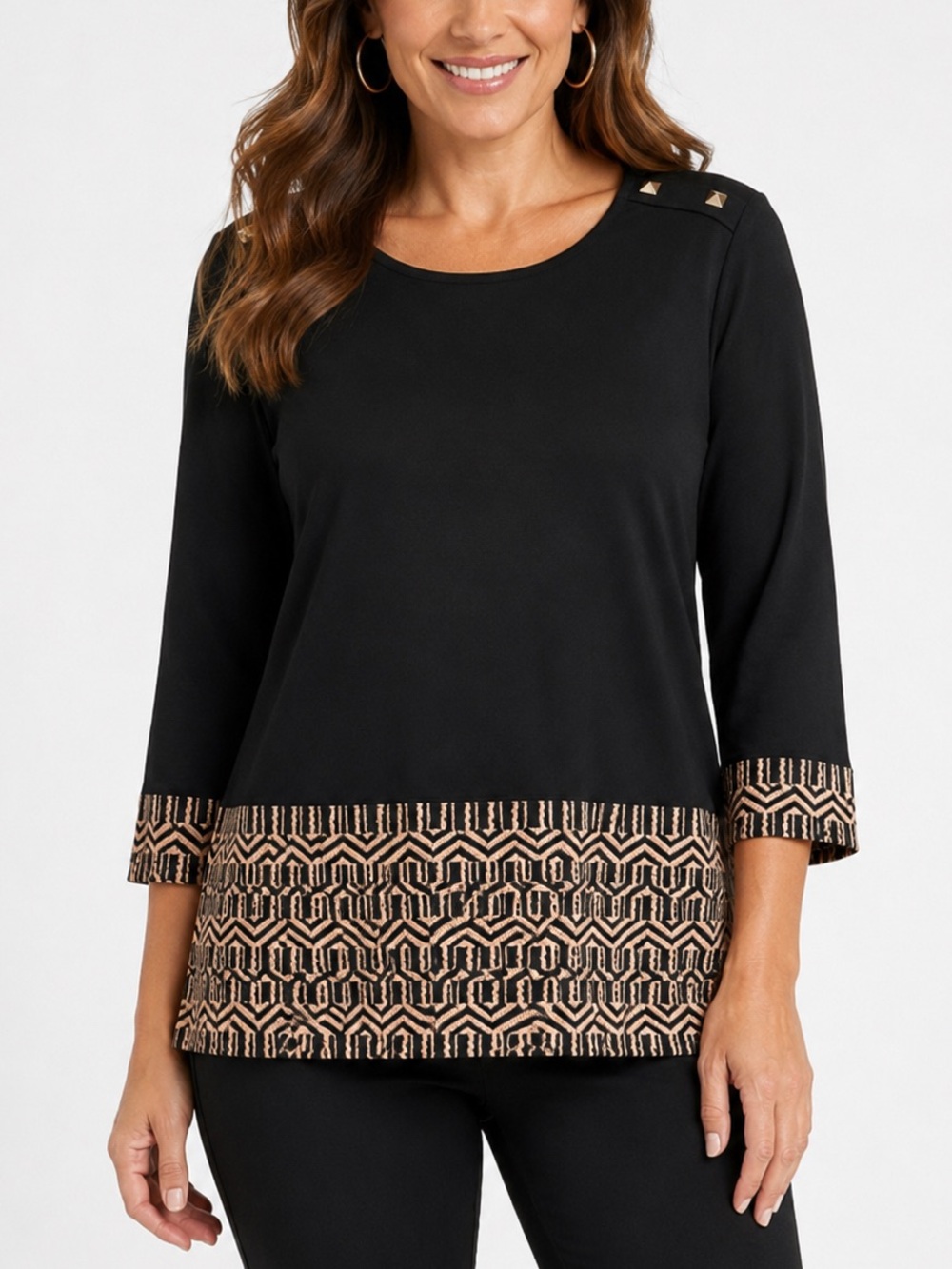 Chico's Top Women 3 XL Black Geometric Jacquard Studded Mixed Media Chic